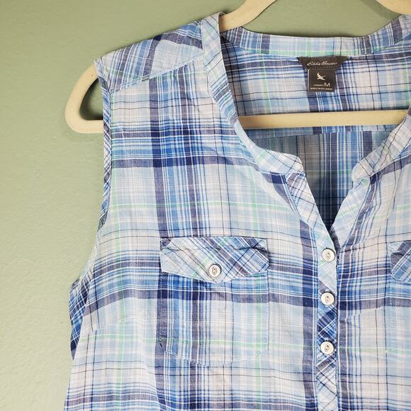 Eddie Bauer Womens Blue Plaid Sleeveless Lightweight Top Size Medium Outdoor - Picture 3 of 8
